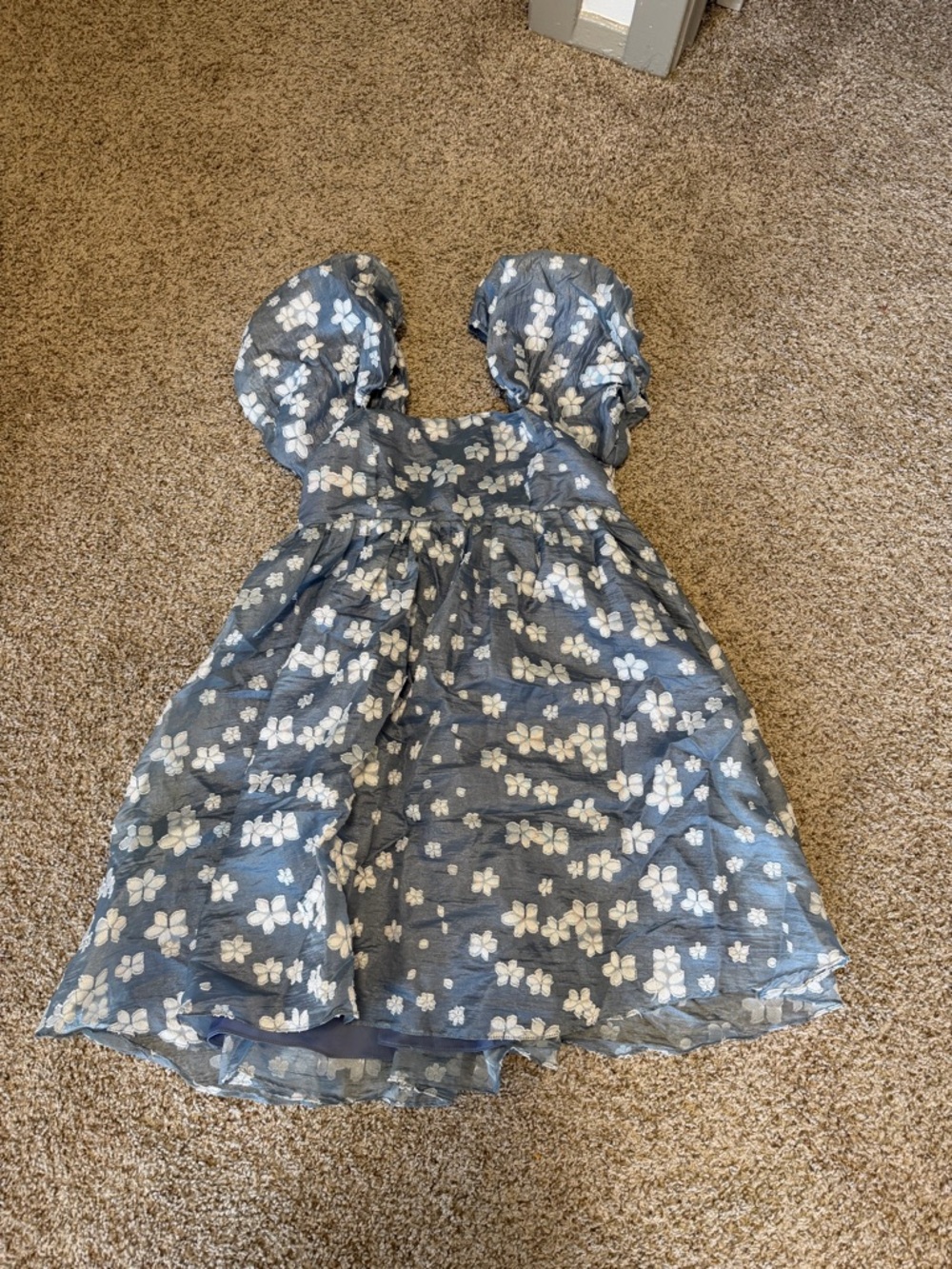 Blue Floral Puff-Sleeve A line Dress